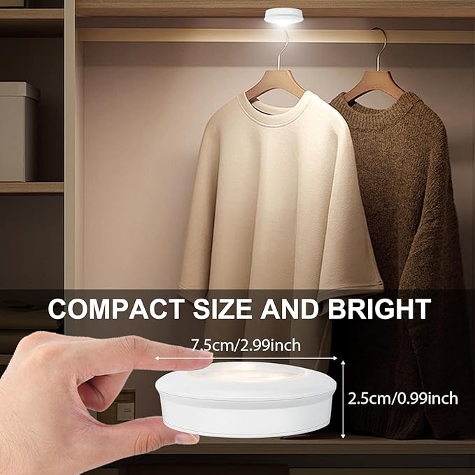 BIGMONAT LED Puck Light, Stick on Lights, Closet Lights Battery Operated, Tap Lights, 60 Lumens Touch Light, Under Cabinet Lighting, Ideal for Kitchen Cabinets, Closets, Garage and More, 3-Pack, White