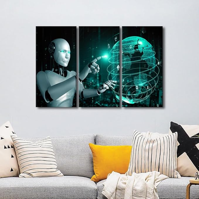 Wall Decorations for Living Room - AI Intelligence Wall Art Canvas Print Robot Paintings AI Art Prints 3 Pieces Framed Wall Art Home Office Decor Modern Artwork Ready to Hang, 42" Wx28 H