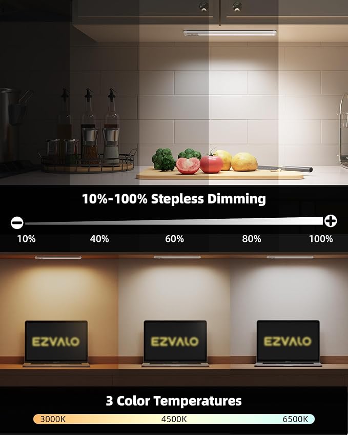 EZVALO 11.8-inch Under Cabinet Lighting, 2400mAh Rechargeable Motion Sensor Light, 3 Color Temperatures, Dimmable Magnetic Wireless Light for Kitchen, Pantry, Closet, Stairs