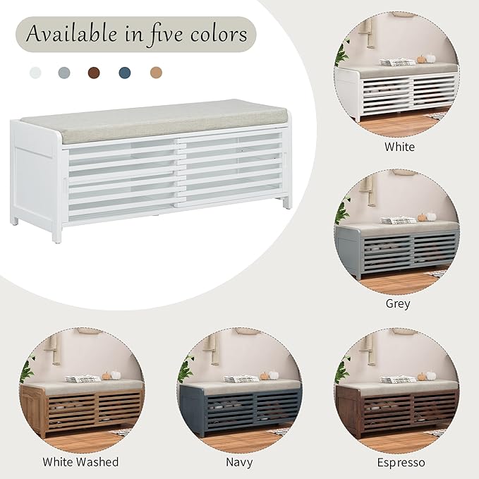 Amposei Modern Classic Storage Bench 43.3-Inch Wooden Entryway Shoe Storage Bench Cabinet with Removable Seat Cushion & Sliding Shutter-Style Doors for Living Room Entrance Hallway, White