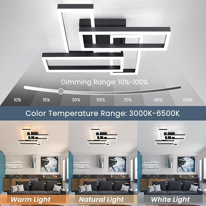 Modern Led Ceiling Light for Living Room,Black Flush Mount Ceiling Lights with Remote Control&APP，3000-6500K Dimmable, 54W Acrylic Ceiling Lamp for Bedroom Kitchen Dining Room
