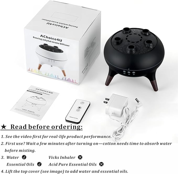 Essential Oil Diffuser 250ML Dancing Jellyfish Aromatherapy Diffuser Humidifier with 7 Colors LED Lights,Remote Control,Plug in for Bedroom,Office (Black)
