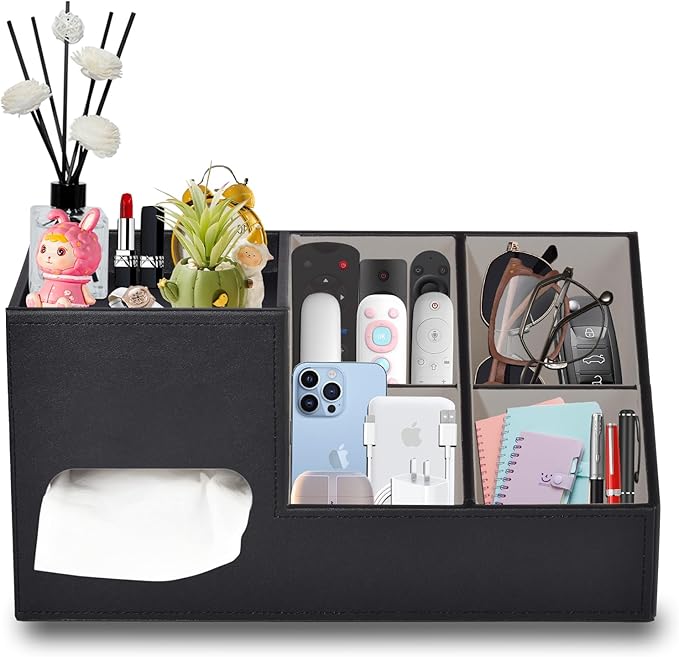 Plus Size Tissue Box Cover-Square Tissue Cover with Side Storage and Tray,Modern Makeup Organizer,PU Leather Tissue Holder Decorative Cube Organizer for Living Room Vanity NightStand Office,Black