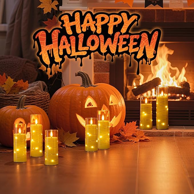 Raycare Flameless Candle with Remote Timer – 5 Flickering Acrylic Battery Operated LED Pillar Candles with Embedded Star String for Christmas, Home Decor, and as a Gift(Glod)