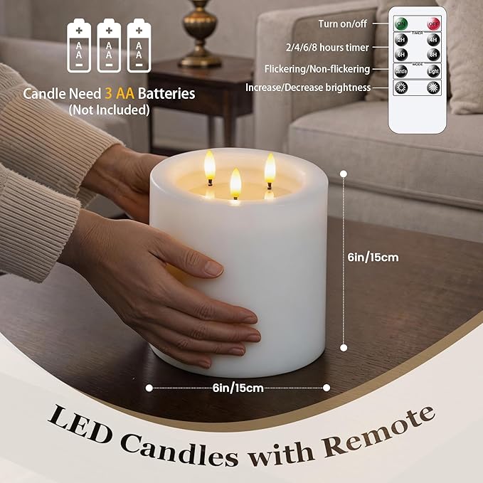 3-Wick 6"x6" Extra Large Real Wax Flameless Pillar Candles with Remote Control and Timer Function, Candle Grease White Battery Operated LED Flickering 3D-Wick (Long Lasting, Warm Fire)
