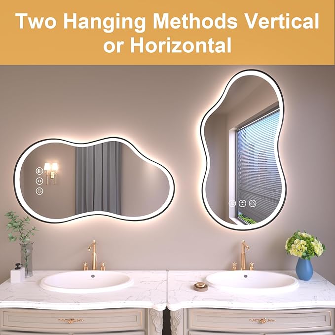 WTTY LED Irregular Bathroom Mirror 20x36 Inch with Front & Back Lights - Asymmetrical Design, Anti-Fog, Dimmable 3 Color Temperatures, Shatterproof Glass, Horizontal or Vertical Mount (Black Frame)