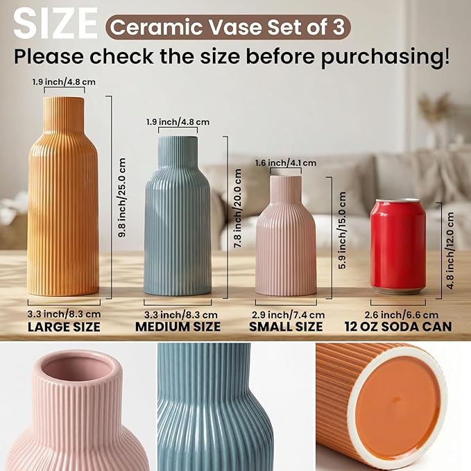 Ceramic Vases Set of 3, Modern Ribbed Vases with Glossy Finish, Decorative Flower Vases in 5.9", 7.8", 9.8" for Home Decor, Living Room, Bedroom, Table Centerpiece (Pink, Blue, Orange)