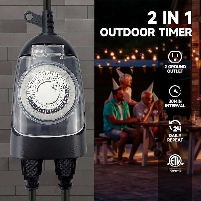 EP 24 Hour Mechanical Outdoor Timer Outlet, 6ft Outdoor Timer for Lights, Waterproof, 2 Grounded Outlets, 15A 1/2HP, Heavy Duty, ETL Listed
