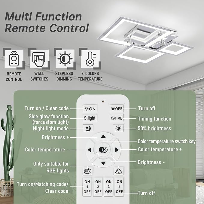Modern Chrome Led Ceiling Light 3-Square Design 3000K-6500K Dimmable LED Ceiling Light with Remote 33W Acrylic Ceiling Lighting Fixture for Bedroom Kitchen Dining Room Office Lamps