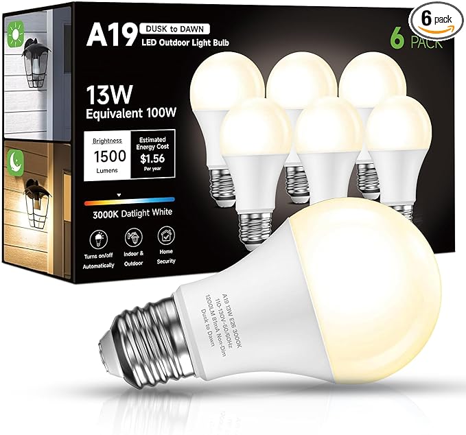 Dusk to Dawn Sensor LED Outdoor Light Bulb, Warm White 3000K, A19 13W(100 Watt Equivalent) Bright Porch Lighting, 1200LM, Auto-On/Off Photocell Sensor for Garage Yard Patio Garden- 6 Pack