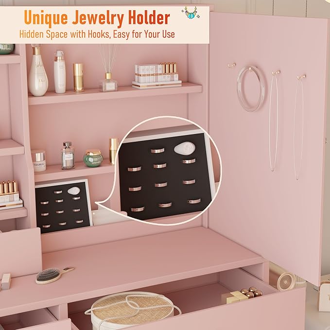 ALEAVIC Vanity Desk with Mirror and LED Lights, Makeup Vanity Set with Power Outlet, and Stool,Jewelry Storage,Pink Vanity Desk for Bedroom