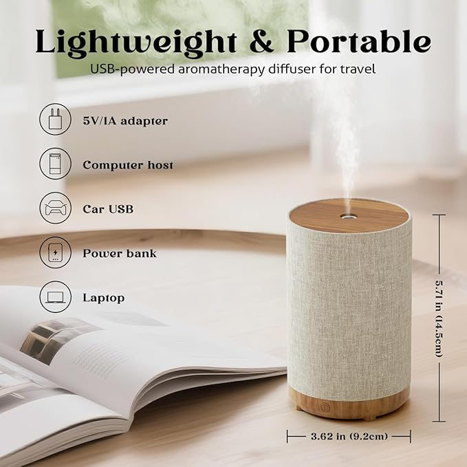 Essential Oil Diffuser with Fabric Cover, Small Portable Aroma Diffuser for Home 120ml, Ultrasonic Aromatherapy Oil Diffuser with 7 Colors LED, Auto Shut-Off Function, Mini Humidifier for Bedroom