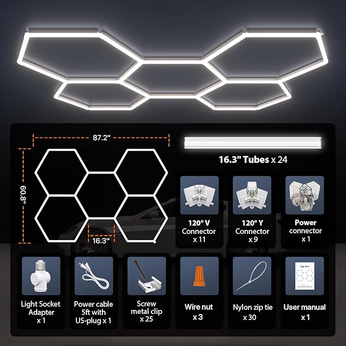 Hexagon Garage Lights, 5-HEX 240W 5000K Daylight Garage LED Lights, Modular Honeycomb Shop Light for Detailing, Workshop, Home Gym, Warehouse, DIY Workspace