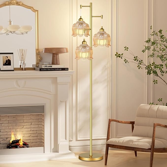 Glass Floor Lamp for Living Room,Bedroom,Mid Century Modern Standing Lamp Black Tree 3 Light Tall Floor Lamps Vintage Retro Floor Lights Green Lamp Shade Farmhouse Boho Bohemian