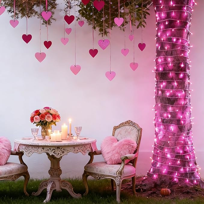 LAMPHOME 99ft Pink Valentine Lights String, 300 LED Valentines Day String Light Plug in, 16Lighting Modes Transparent Wire Fairy Starry for Indoor Outdoor Xmas Tree Wedding Party Decoration