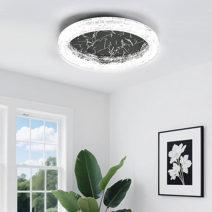 Black Modern Acrylic Ceiling Light, 11.8 inch Round LED Flush Mount Chandeliers Alternative Light Fixture with Stainless Stell Base for Dining Room Bedroom Low Ceiling, 24W 6500K