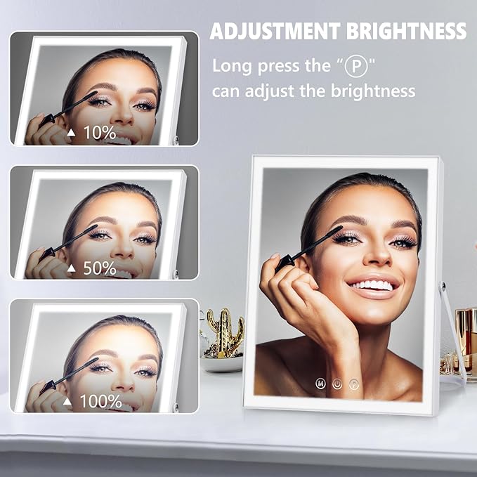 Vanity Mirror with Lights,10"x12" Lighted Makeup Mirror with 3 Color Modes & Dimmable, 360° Rotation Desk Mirror, Dual Power Supply, Smart Touch Control with Settings Memory (White)