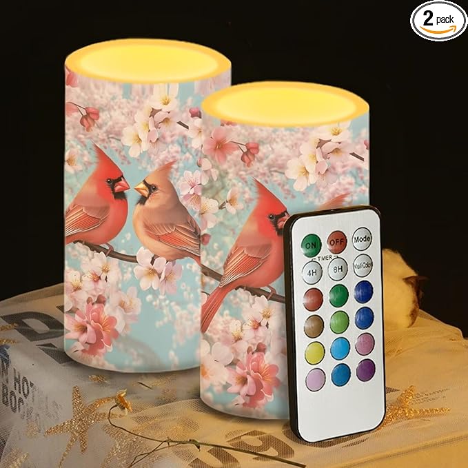 Cardinal Flower Flameless Candles 2 Pack 6 x 3 inch Battery Operated Candles with Multicolor Timer Remote Control LED Fake Candles for Warm Light Dinner Table Home Decor