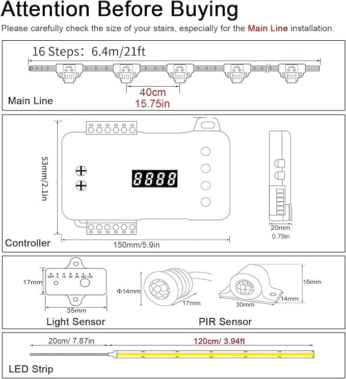 Intelligent Motion Sensor LED Stair Light Kit with Main Wire& Daylight Sensor, Step by Step Control 47.2 Inches Cuttable LED Strip Lights Indoor with Remote (16 Stairs,6000K)