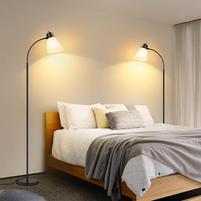 Floor Lamp for Living Room, Adjustable Head Standing Lamp with White Plastic Shade, Black Reading Floor Lamps for Dorm, Bulb not Included