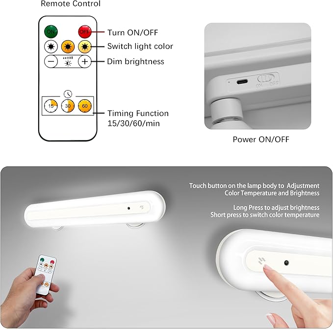 15" Vanity Lights for Mirror, Rechargeable Battery Operated Mirror Lights with Remote Control, 3 Temp&Adjustable Brightness Makeup Light, Cordless Lighting for Vanity Desk (White-2Pack)