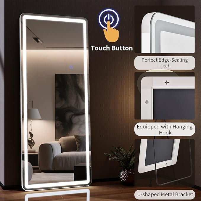60"x16" LED Full Length Mirror – Standing Floor Mirror with Dimmable Lights 3 Color Modes – Adjustable Brightness, Wall-Mount or Lean for Barber, Fitness Center, Dressing Room, Vanity