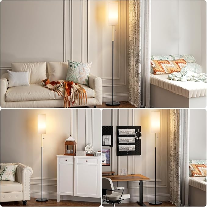 Ambimall 64'' Floor Lamp for Living Room with 3 Color Temperatures Bulb, Minimalist Pole Lamp, White Lampshade, Black & Gold Pole