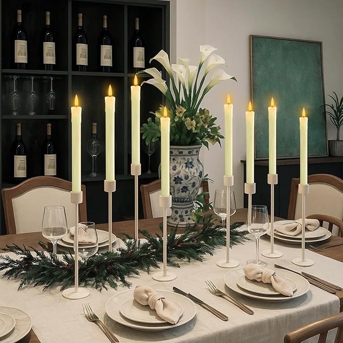 Homemory 6 PCS Real Wax Flameless Taper Candles with Remote, Flickering LED Candlesticks with Timer Dimmer, Fake Candles for Xmas Wedding Celebration Decor, Ivory, 9.6 Inches