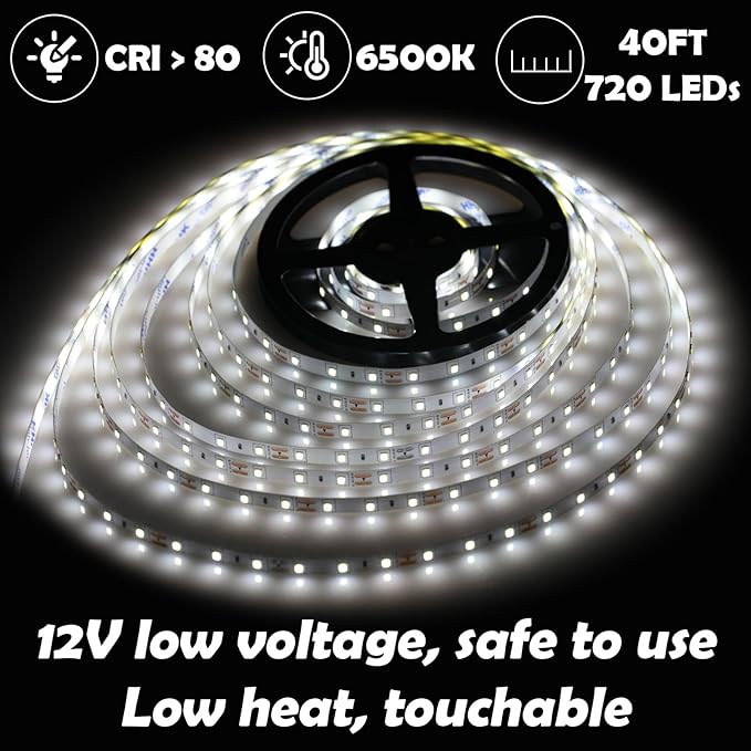 40ft White LED Light Strip Kit, 6500K Strip Light, 720 LED 12V Flexible Cuttable LED Light Strips for Bedroom Kitchen Under Cabinet Lighting Indoor