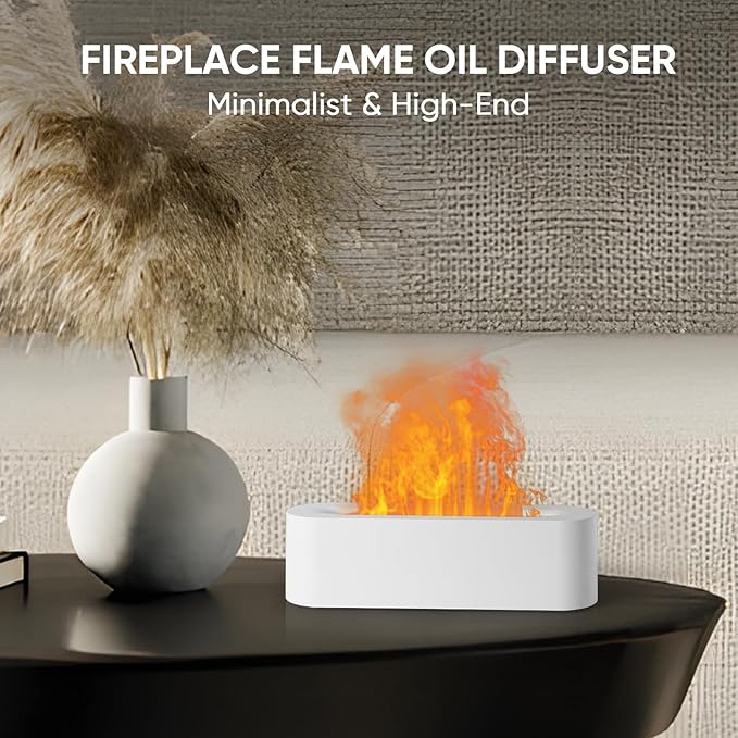 Essential Oil Diffuser, Fireplace Flame Fire Oil Diffuser, 150ml Ultrasonic Cool Mist Aromatherapy Humidifier, Scent Aroma Diffuser with 7 Colors Light, Timer & Auto-Off for Home, Room (White)