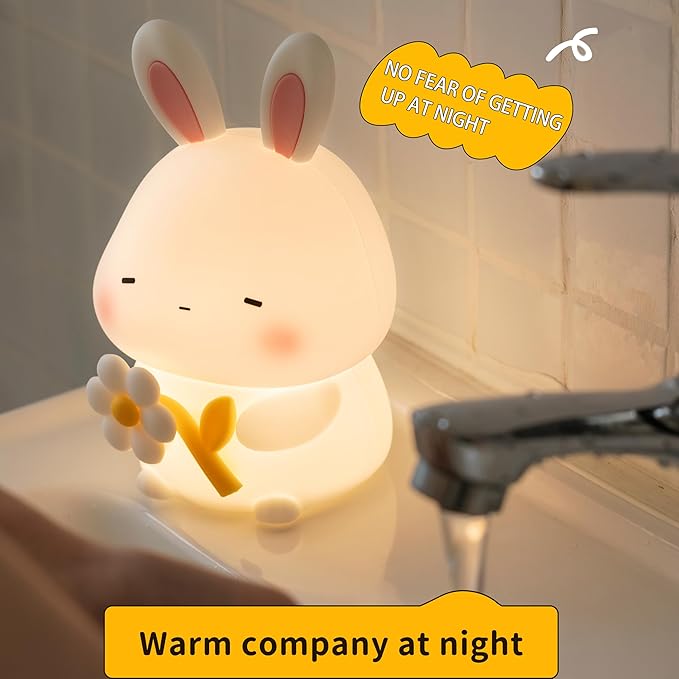Led Cute Flower Bunny Night Light, Dimmable Timer Kawaii Lamps, Super Squishy Silicone USB Rechargeable Touch Control Night Lamp, Used for Camping Party Room Decor (Bunny with Flower)