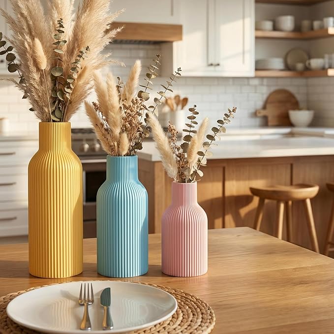 Colorful Ceramic Vases Set of 3 (Pink, Blue, Yellow) - Modern Matte Ribbed Color-Block Vases for Dried Flowers - Scandi Boho Decor Centerpieces for Living Room & Shelf