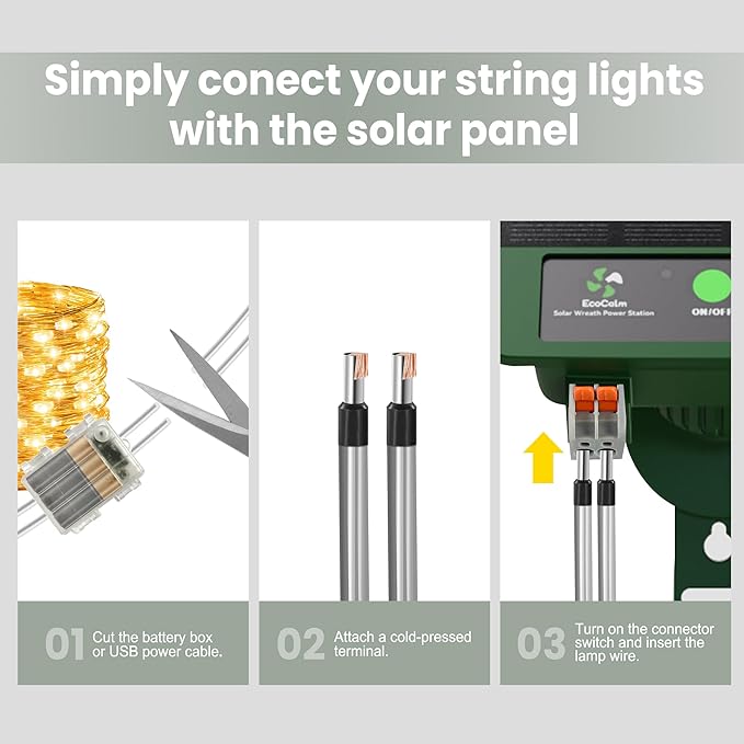 Solar Panel for Christmas Wreaths, Compatible with Battery/USB-Powered Wreath Lights, Features with Intelligent Dusk-to-Dawn Automation and 8 Lighting Modes