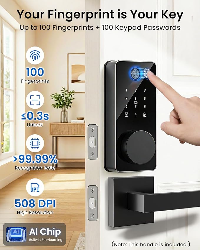 Smart Deadbolt Lock with 2 Handle Set, 5-in-1 Keyless Entry Door Lock with Fingerprint, APP Control, Auto Lock, IP54 Waterproof, Temporary Passcode for Front Door