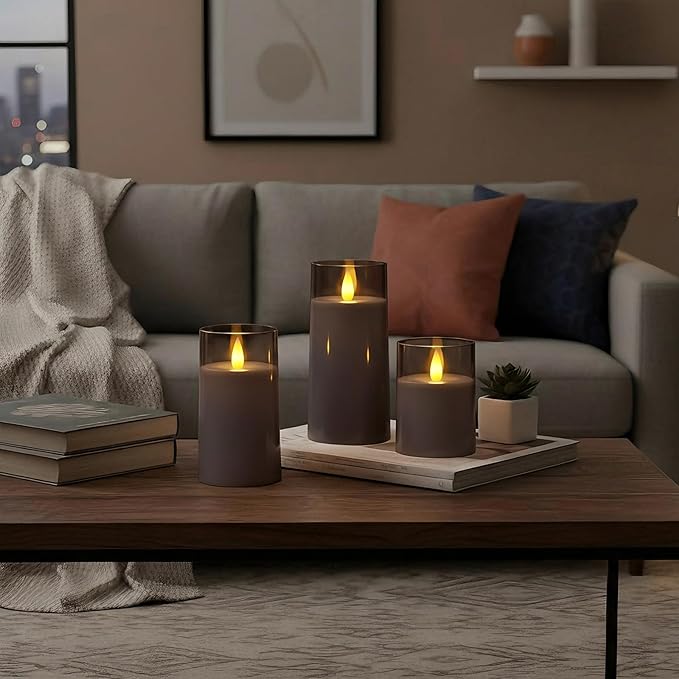 Raycare Flameless Electronic Pillar Candles with Remote Control and Timer- Battery Operated Realistic Flickering LED Fake Candle for Home, Wedding, Valentine's Day Decor, Grey,Set of 3(3"x4"5" 6")