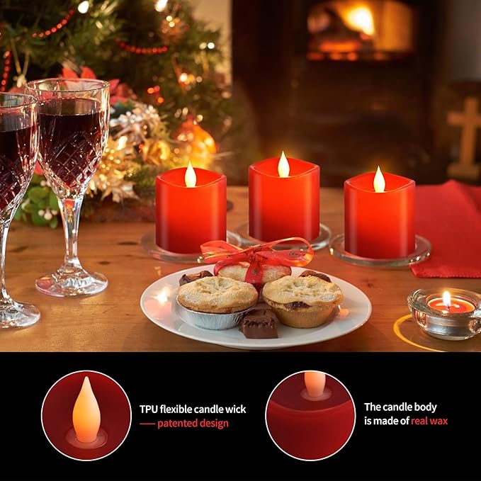 3x3 Flickering Flameless Candles Set of 3, 2AA Battery Life 600 Hours Battery Candles Flickering with Timer, 3 inch Flameless Candles with Remote for Indoor/Outdoor, Red