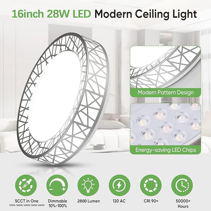 16 Inch Flush Mount Ceiling Light, Modern Brushed Nickel LED Ceiling Light Fixture, 28W 2800LM 2700-6500K Adjustable, Dimmable Ceiling Lights for Bedroom, Kitchen, Hallway, Bathroom, ETL