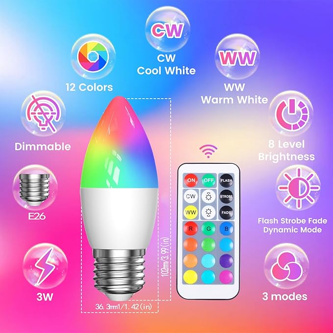 Luxvista B10 RGB LED Light Bulb - E26 Color Changing LED Bulb - 3W RGB+Daylight+Warm White, B10 Chandelier Colored Candle Bulb for Home Decoration Party (2-Pack)