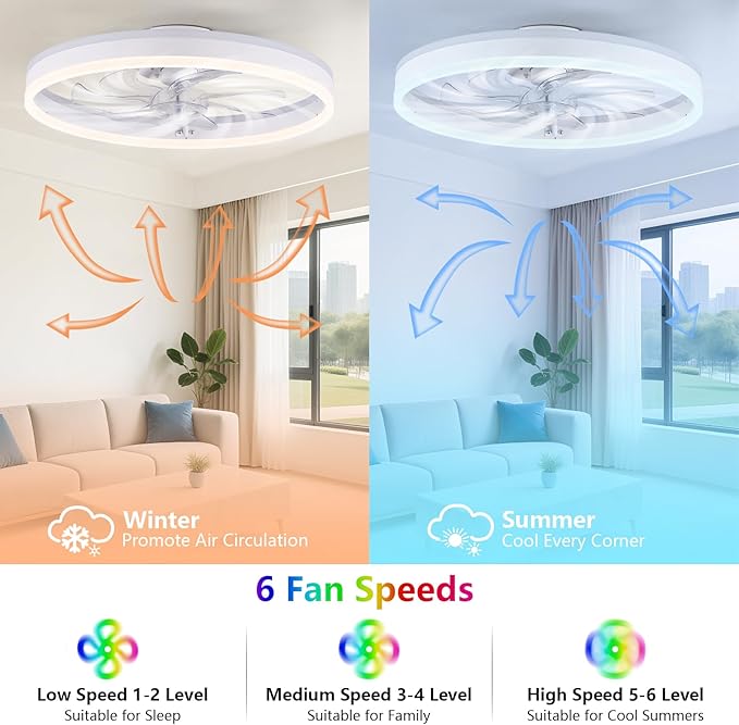 STERREN 15.7" RGB Ceiling Fan with Light, Modern Flush Mount Bladeless Ceiling Fans, Low Profile Ceiling Fan with Remote,Small White Fandelier Chandelier for Bedroom Living Room