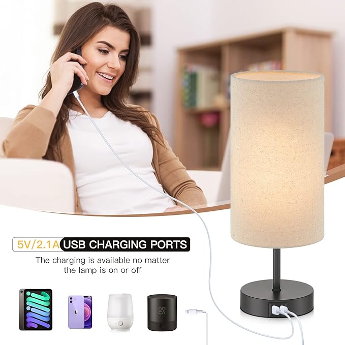 Touch Control Bedside Lamp with 2 USB Ports, 3-Way Dimmable Table lamp for Bedroom, Nightstand Lamp with Round Linen Fabric Shade for Living Room Home Office (E26 LED Bulb Included)