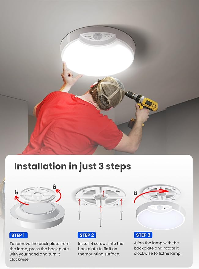 Homelist Rechargeable Ceiling Light Motion Sensored, Battery Operated Lights with Remote, Wireless Ceiling Light for Closet, Stairs, Shower, Bathroom, Bedroom, Hallway, Garage, Porch, Shed-2 Pack