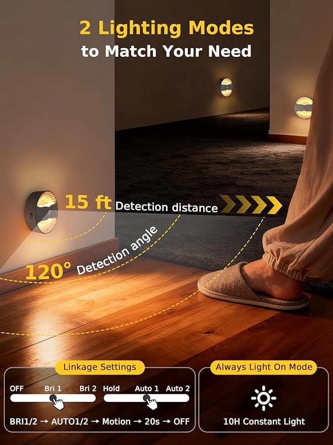 Smiling Shark BR168 Linkage Motion Sensor Night Light LED Smart Linked PIR & Light Sensing, Rechargeable Magnetic Stick-On Connected Smart Warm Night Step Lights for Bedroom Hallway Stairs, 2 Pack