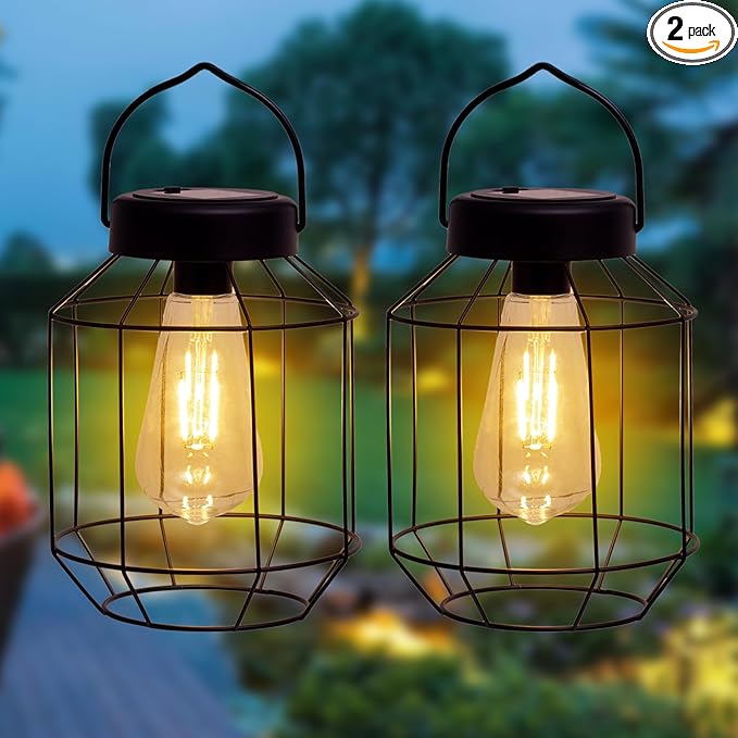 Solar Lights Outdoor Waterproof,Solar Lantern 2 Pack,Metal Hanging Outdoor Lanterns,Handle with Edison Bulb Solar Powered Lights for Yard Garden Patio Porch Pathway Decor