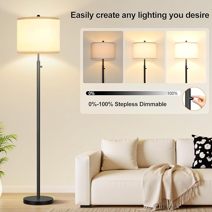 Nintiue 【Upgraded】 Dimmable Floor Lamp for Living Room, 11W LED Bulb Included, Modern Standing Lamp, Tall Pole Light with Linen Shade for Bedroom Reading Office Corner Nursery-Black