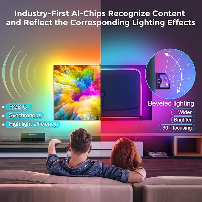 LightingWill 12.47ft TV LED Backlight for 55-65 in, Smart RGB-IC LED Lights Sync with TV, TV Backlight with 4K HDR HDMI Sync Box, Compatible with PS5/Xbox/PC
