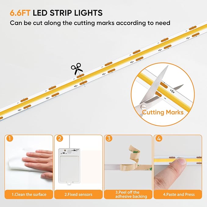 OMIKA COB Motion Sensor LED Strip Light, 6.56ft 640LEDs 2700K Warm White Closet Lights, Rechargeable Stair Strip Lights for Bed, Pantry, Shelves, Cabinet, Locker,2 Pack