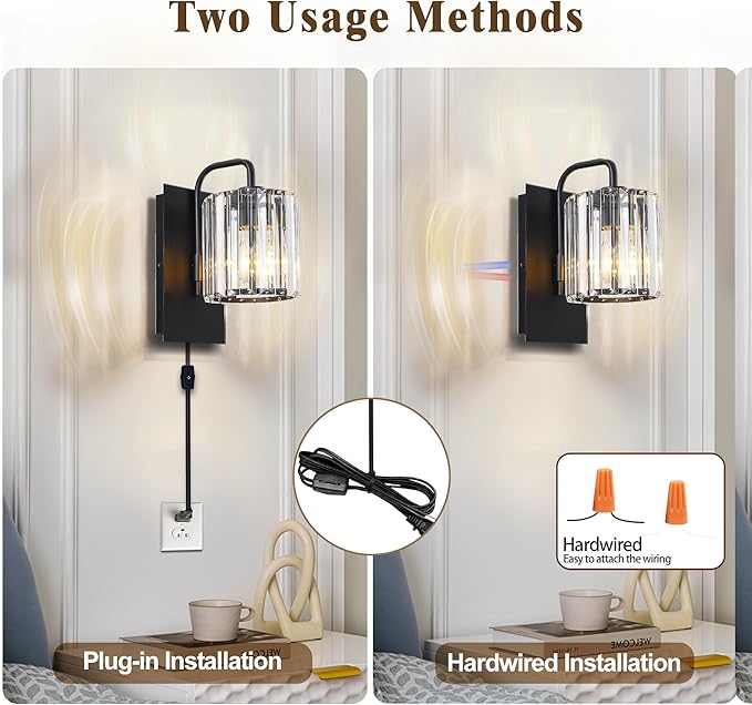 Plug in Sconces, Square Crystal Sconce Black Plug in Wall Sconce with On Off Dimmer Cord, Glass Wall Light Fixtures for Living Room Bedroom Hallway Staircase Bedside