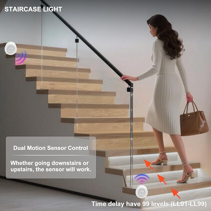 Intelligent Motion Sensor LED Stair Light Kit with Main Wire& Daylight Sensor, Step by Step Control 47.2 Inches Cuttable LED Strip Lights Indoor with Remote (16 Stairs,6000K)