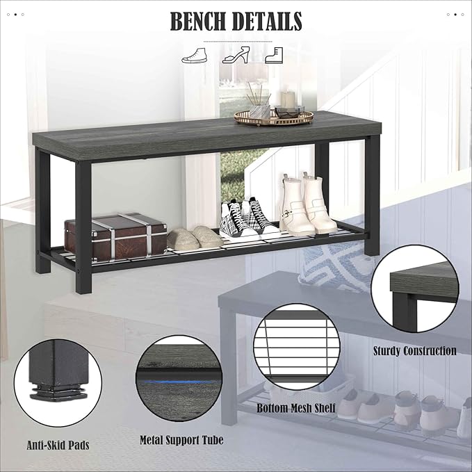 EXCEFUR Entryway Bench, Industrial Metal and Wood Storage Bench for Living Room, Indoor Shoe Rack Bench Seat, 43.3 Inch Grey