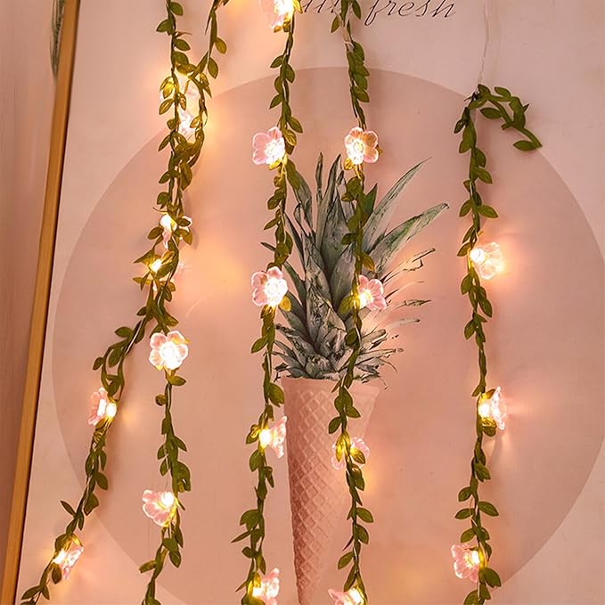 Fairy Flower Leaf String Lights, USB Plug in 16.5ft 50 LED Decorative Pink Cherry Blossom Vine for Girl's Bed Room Window Wall Wedding Birthday Party Christmas Hanging Indoor Decorations